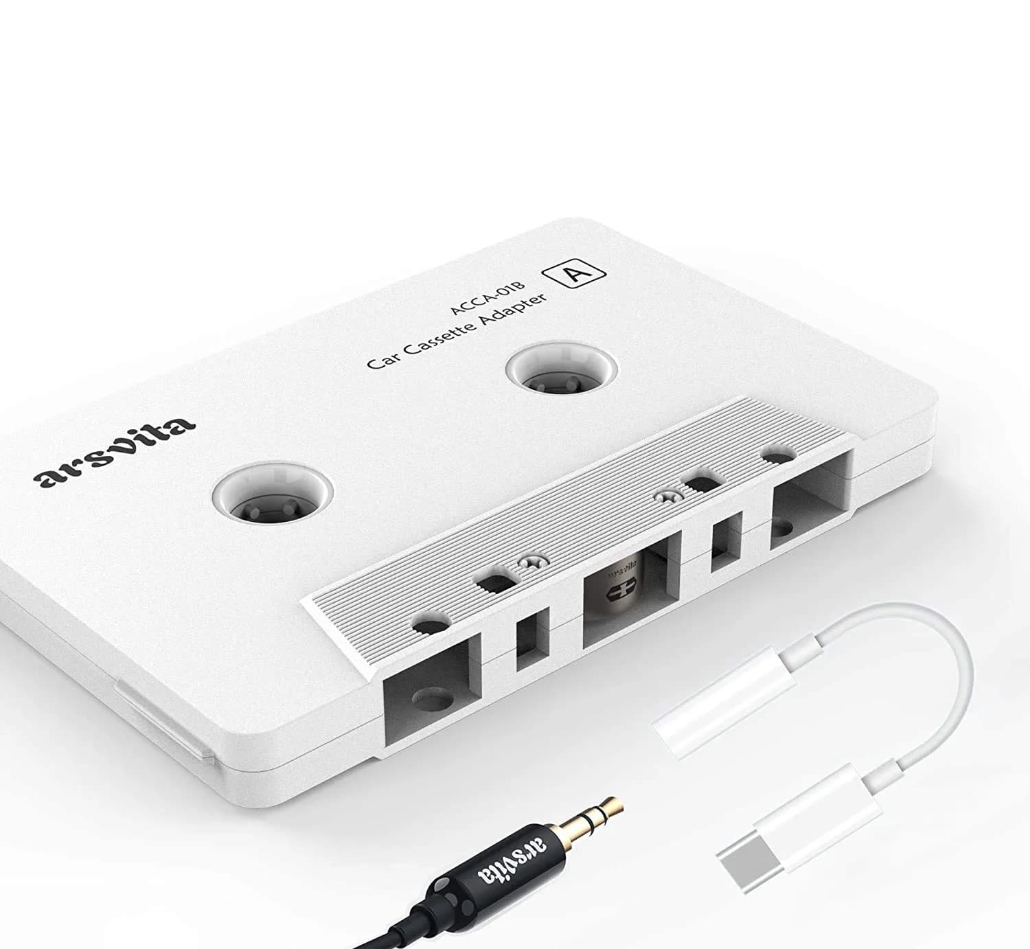arsvita Car Audio aux Cassette Adapter and Type C to 3.5mm Aux Jack, Compatible for Google, Samsung, Xiaomi, Huawei Devices - White | Vintage Car Music Accessory - main product image