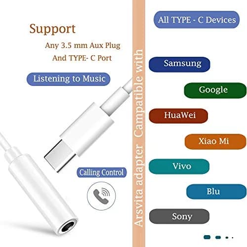 arsvita Car Audio aux Cassette Adapter and Type C to 3.5mm Aux Jack, Compatible for Google, Samsung, Xiaomi, Huawei Devices - White | Vintage Car Music Accessory thumbnail 3