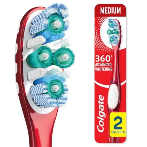 Colgate 360 Advanced Whitening Toothbrush Medium Bristles 2-Pack | Whitens Teeth & Cleans Whole Mouth thumbnail 1