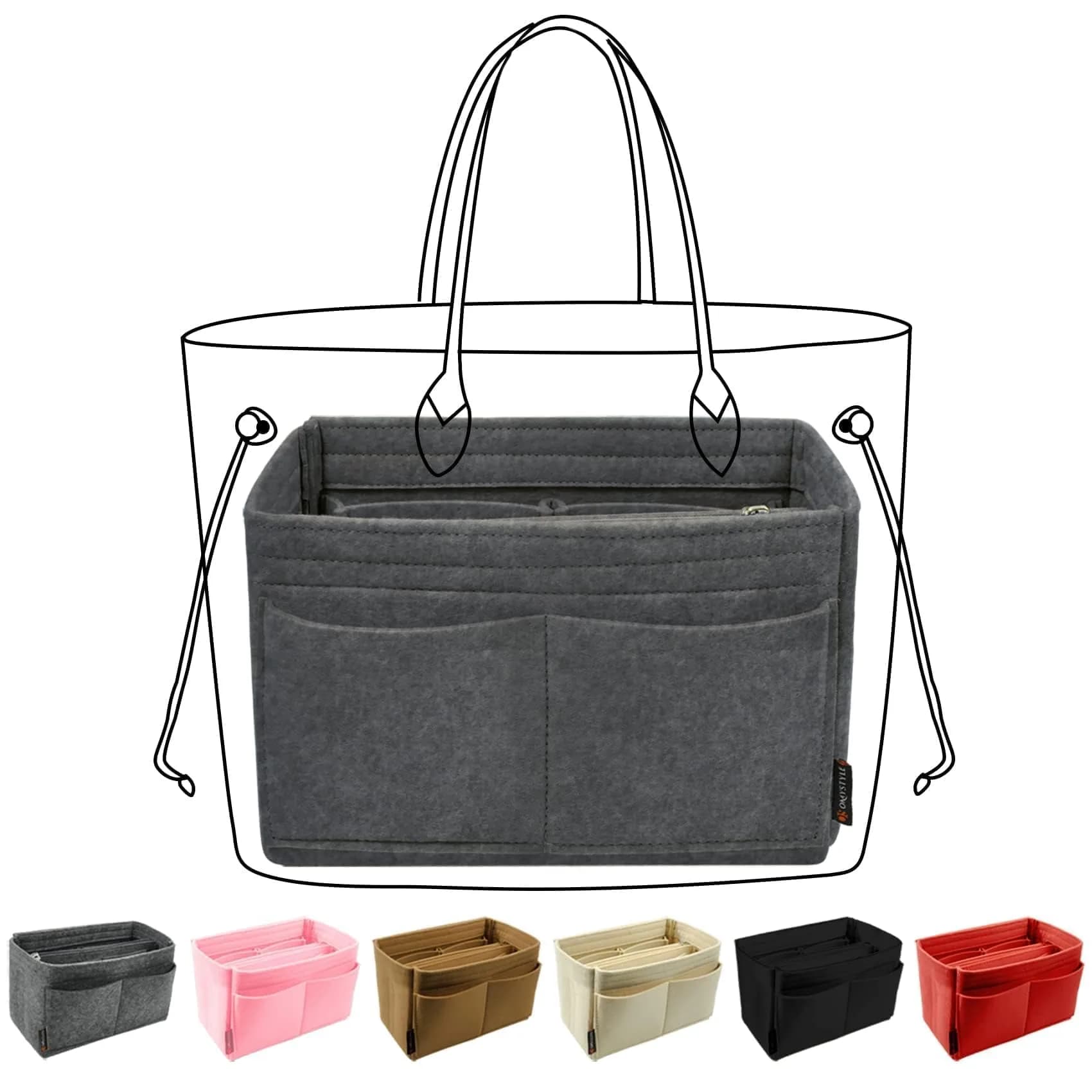 OMYSTYLE Beige Mini Felt Organizer Insert | Lightweight Tote Bag Organizer with 13 Pockets for Handbags — Grey / Large