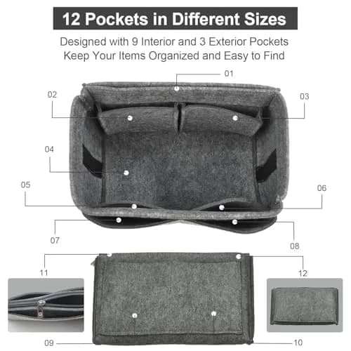 OMYSTYLE Grey Large Felt Tote Bag Organizer Insert with 13 Pockets | Lightweight & Sturdy thumbnail 3