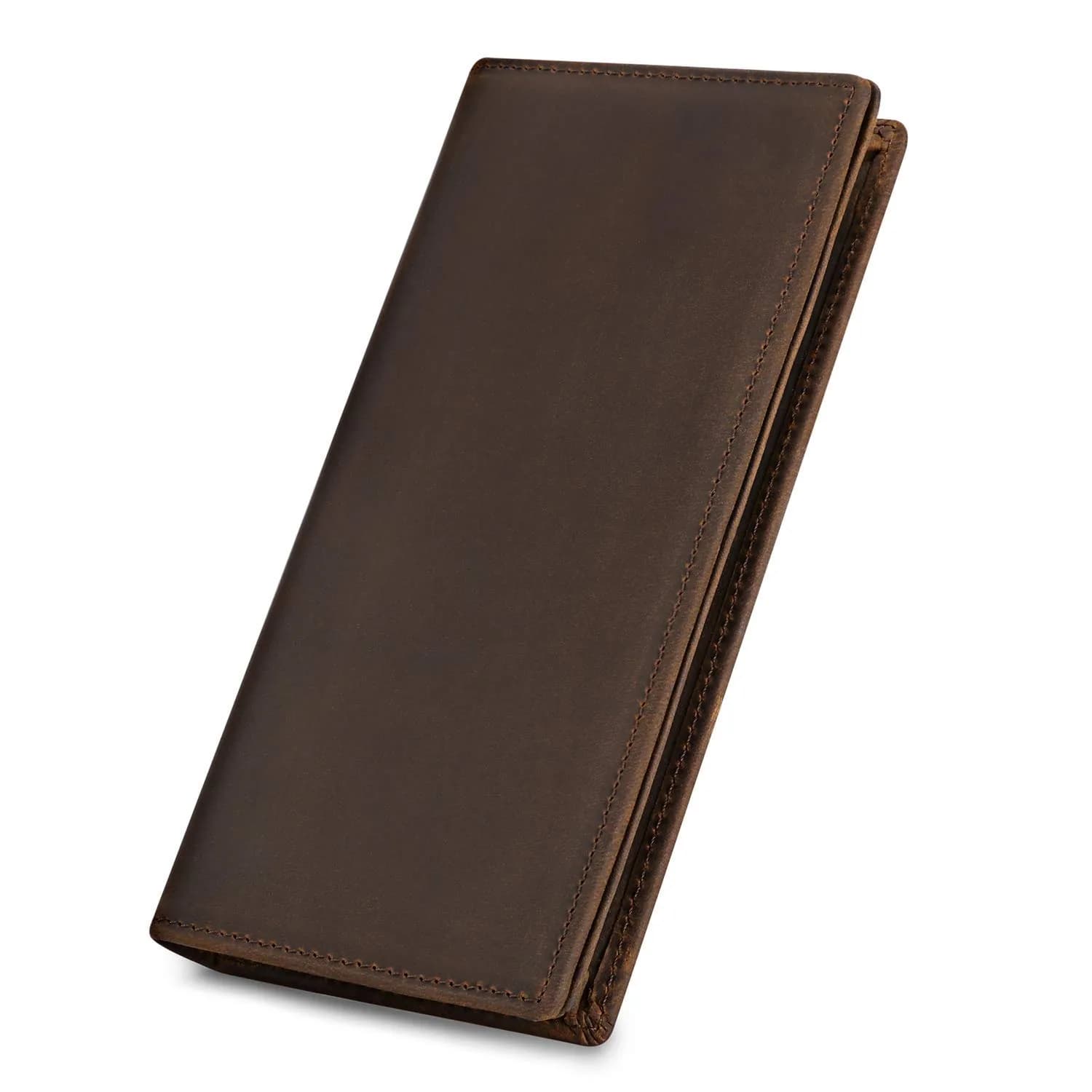 Kattee Men's Vintage Genuine Leather Long Wallet for Checkbook Credit Cards | Brown Bi-Fold (18.5cm x 9cm) — 1-Dark Brown-2