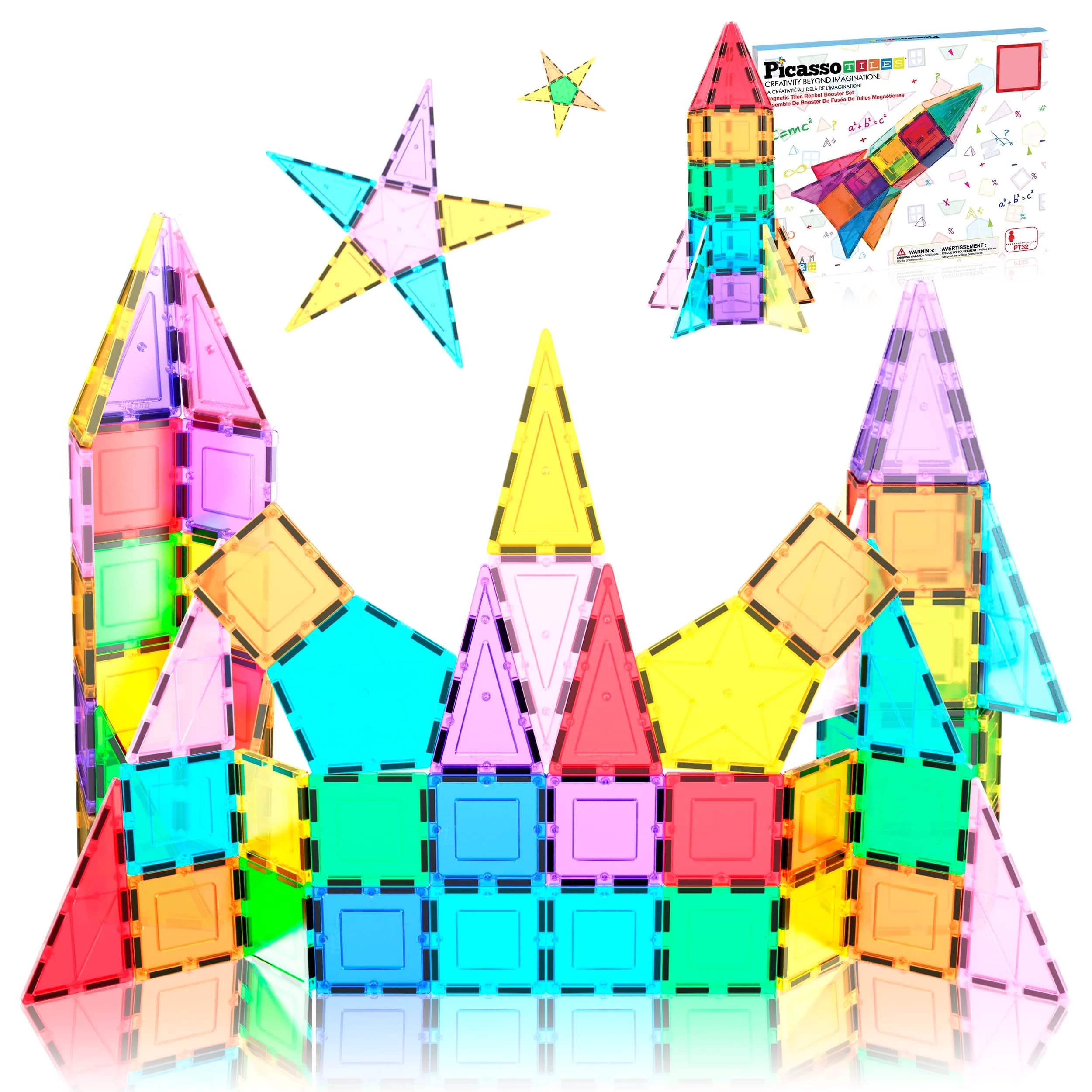 PicassoTiles Magnetic Building Block Rocket Booster Set 32 Pieces | STEM Educational Toy for Kids — Multicolored Rocket Booster Theme