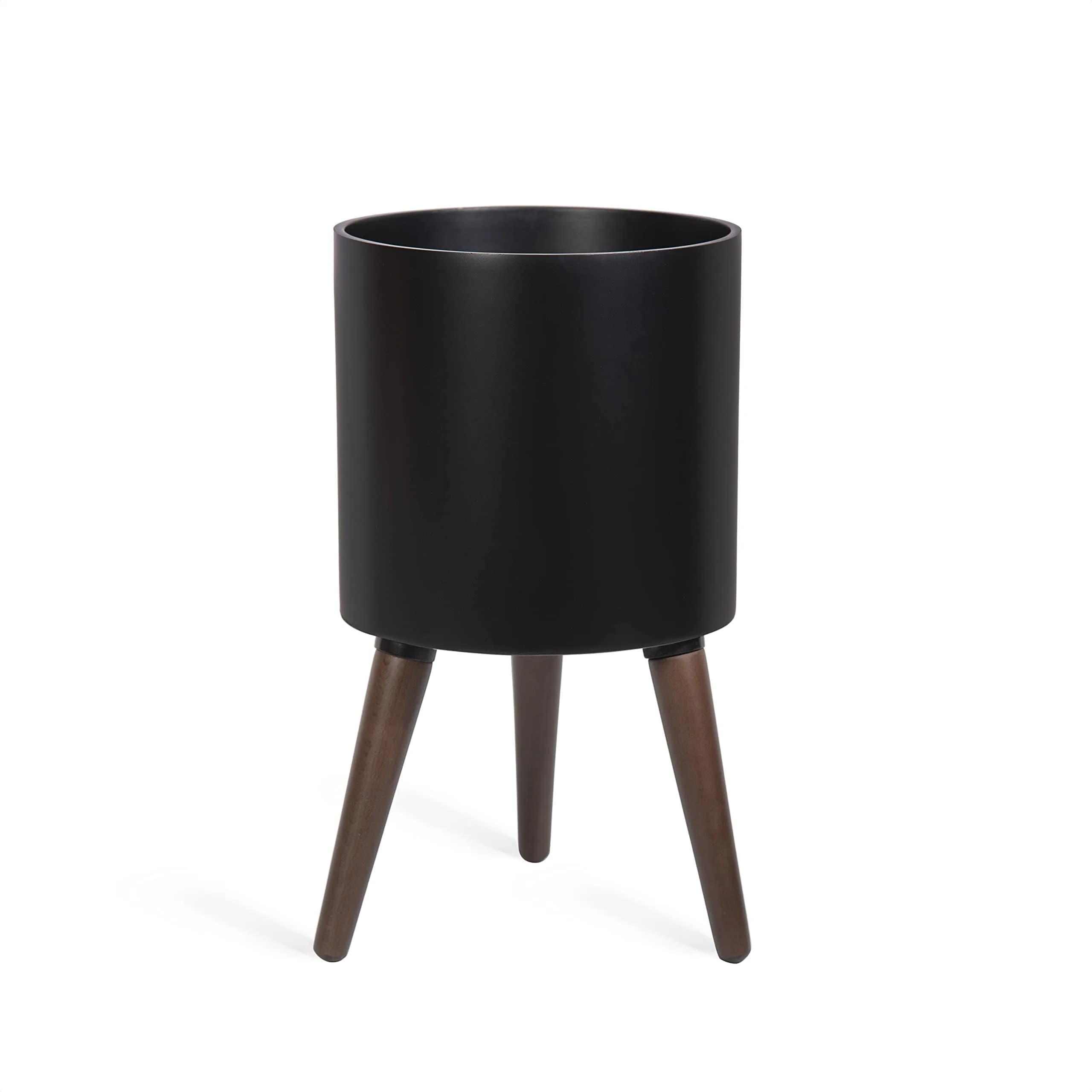 D'vine Dev 10 Inch Planter Pot with Wood Stand | Black, Mid-Century Modern, Indoor Garden - main product image