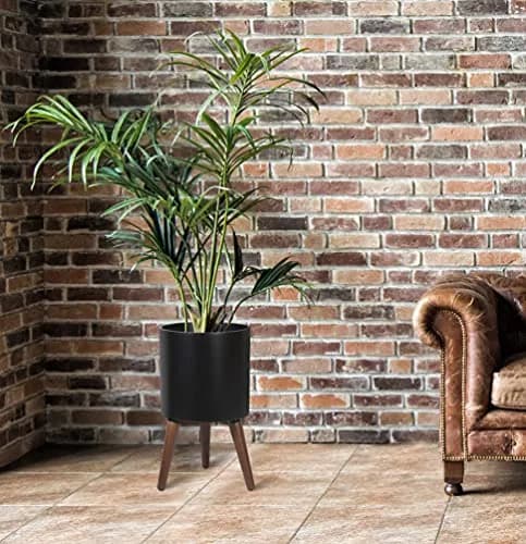 D'vine Dev 10 Inch Planter Pot with Wood Stand | Black, Mid-Century Modern, Indoor Garden thumbnail 6