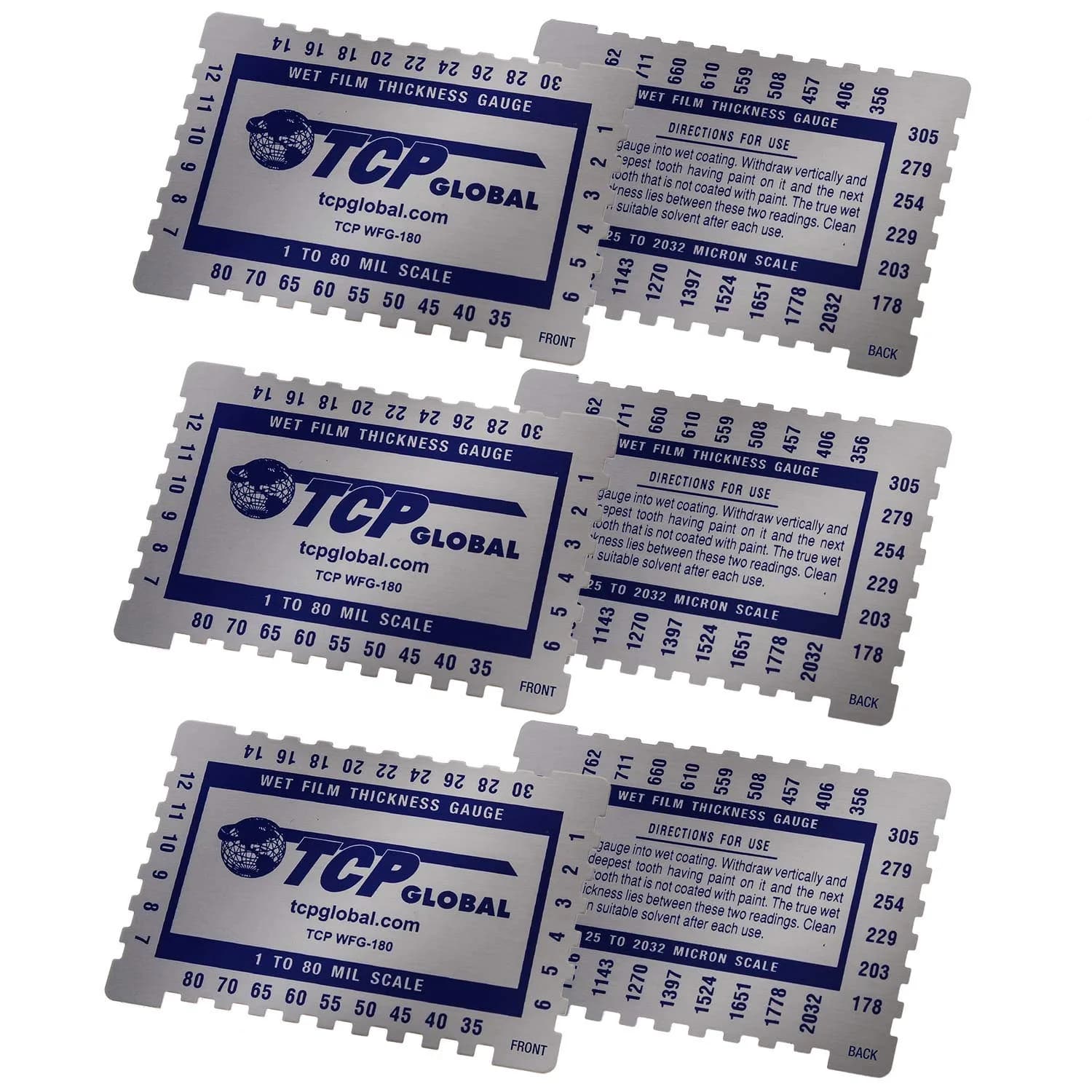 TCP Global Wet Film Thickness Gauge Comb, 1-80 Mil Scale, Pack of 3 | Measures Coating Thickness Accurately