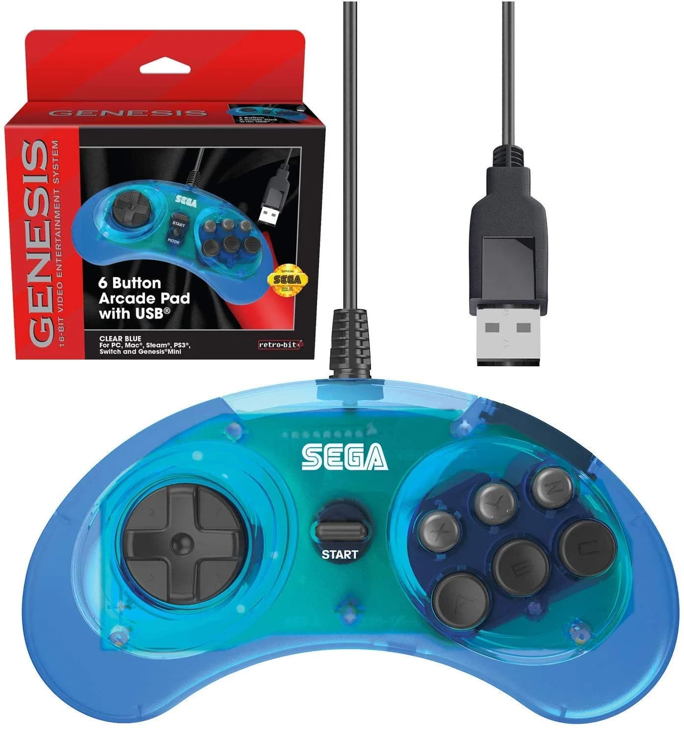 Retro-Bit SEGA Genesis 6-Button Wired USB Controller (Clear Blue) | Officially Licensed PC Gaming Controller — Black