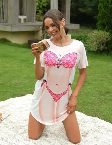 Ekouaer Womens Fun Wear Hot Pink Bikini Print Cover Up T-Shirt Above Knee | Soft, Breathable Summer Style thumbnail 4
