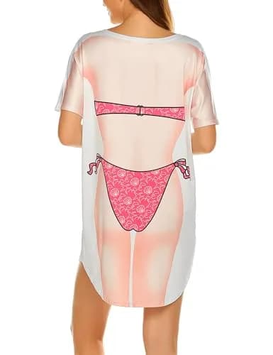 Ekouaer Womens Fun Wear Hot Pink Bikini Print Cover Up T-Shirt Above Knee | Soft, Breathable Summer Style thumbnail 5