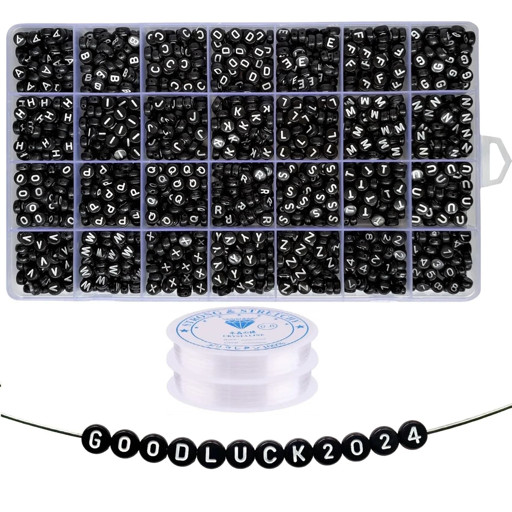 Looconi Black Round Acrylic Alphabet Letter Beads 1400pcs (7mm x 4mm) | DIY Jewelry Making Supplies