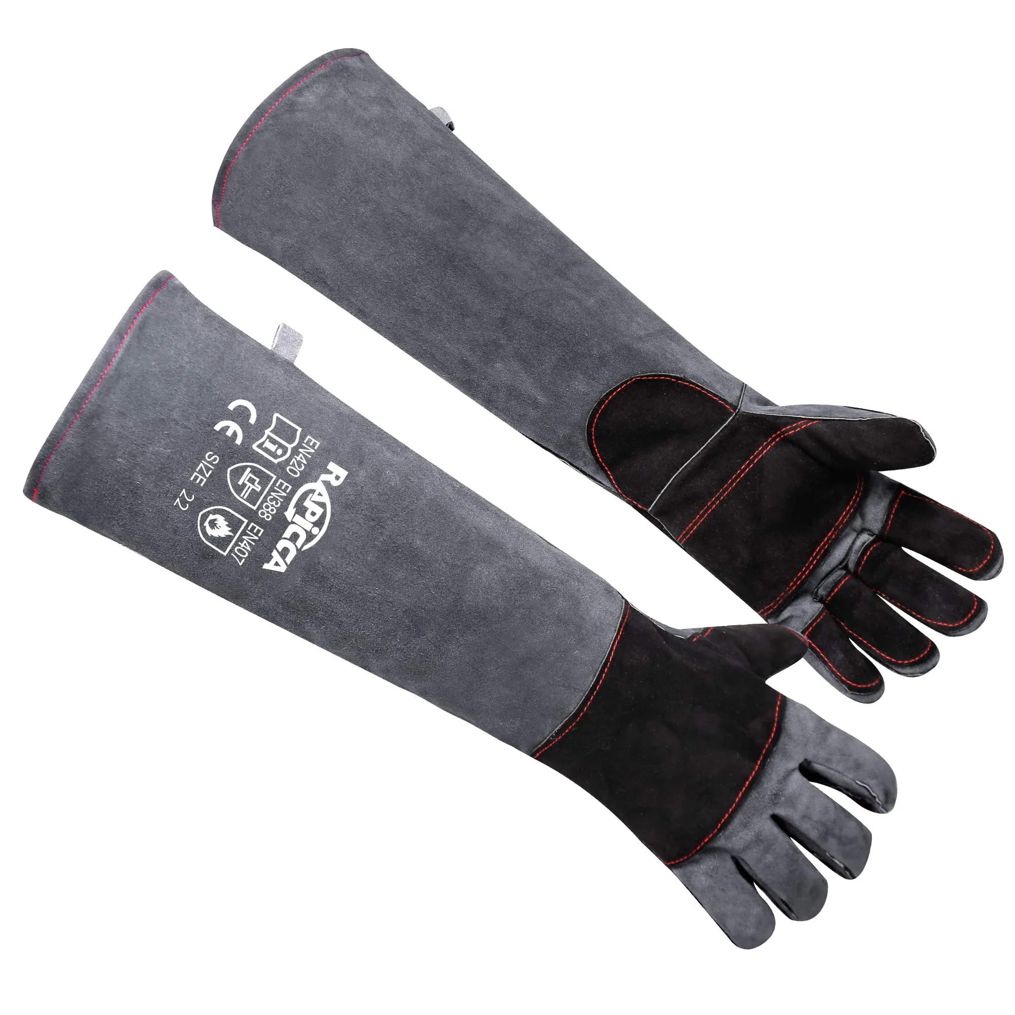 RAPICCA Animal Handling Gloves, Bite Proof Double Leather, 16 in (40.6 cm) Grey-Black | Professional Protection for Vets & Handlers — 22 Inches