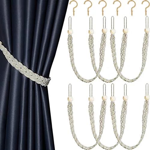 Blulu 6 Pcs Braided Curtain Tiebacks with Metal Hooks | Beige & Silver, 58cm (23in) | Elegant Home Decor Accessory thumbnail 1