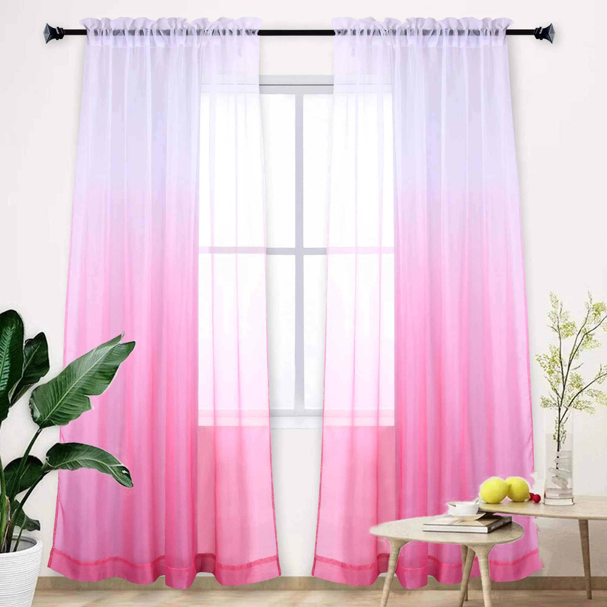 HUTO Pink Curtain Ombre Sheer Curtain for Girls Bedroom | Gradient Window Panel 52"W x 95"L - main product image