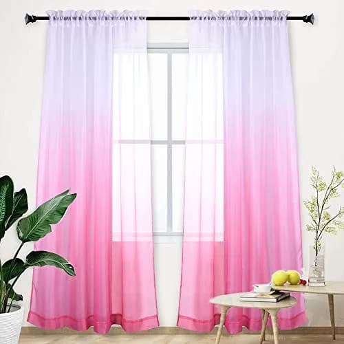 HUTO Pink Curtain Ombre Sheer Curtain for Girls Bedroom | Gradient Window Panel 52"W x 95"L thumbnail 1