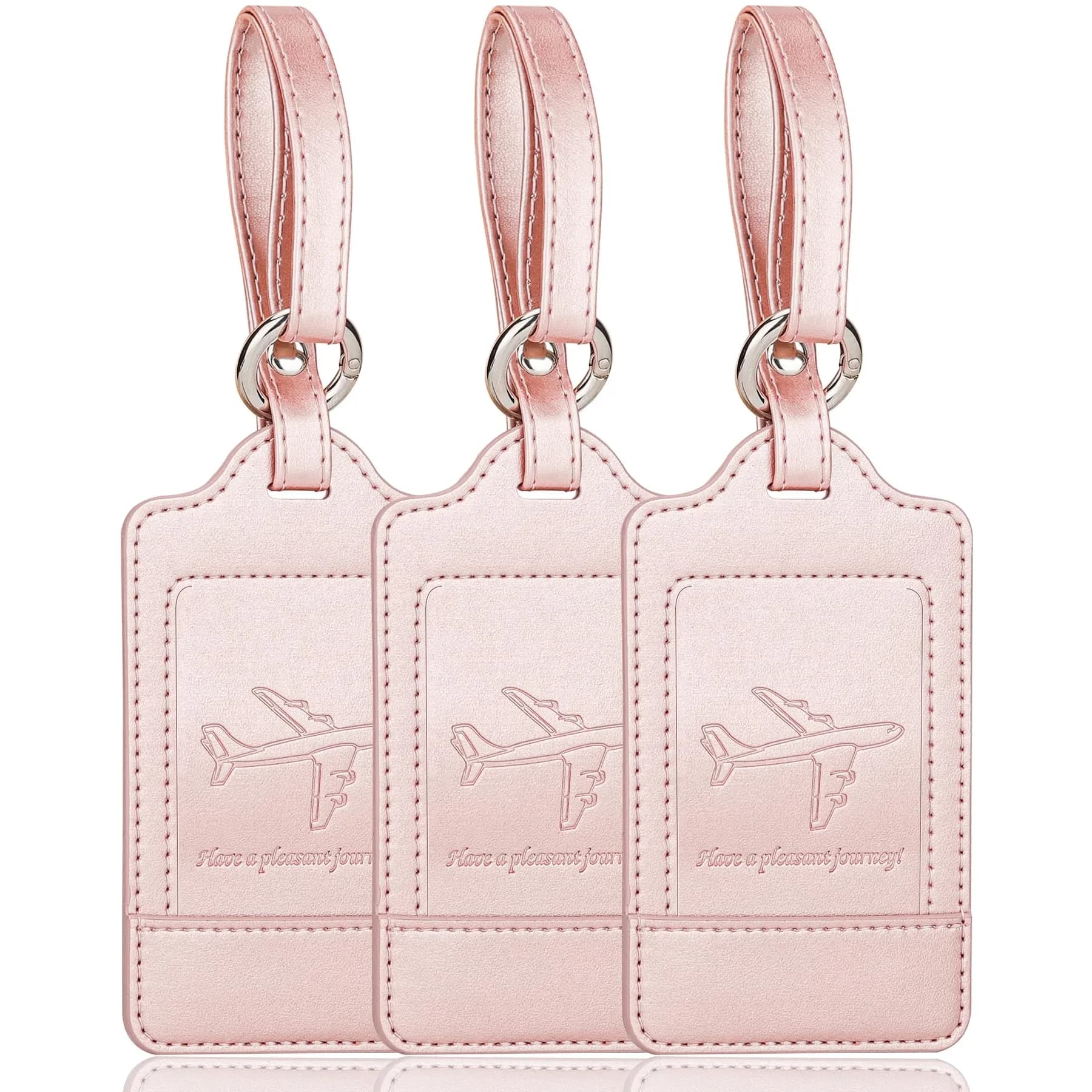 Teskyer Leather Luggage Tags for Suitcases, 3 Pack, Blue | Quick-Attach Spring Ring, Privacy Flap Design — Rose Gold
