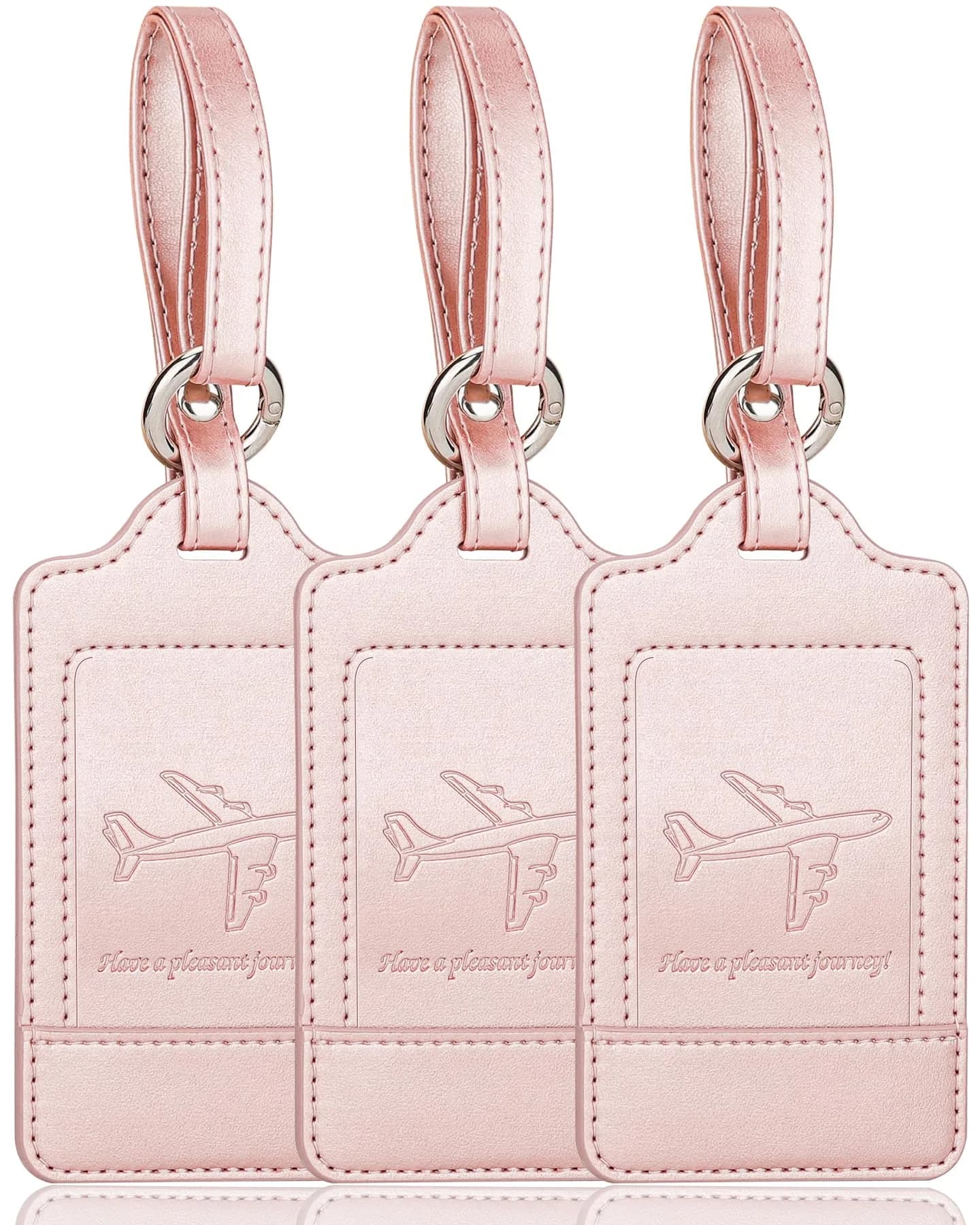Teskyer Leather Luggage Tags for Suitcases, 3 Pack, Rose Gold | Quick-Attach Spring Ring, Privacy Flap Design — Rose Gold