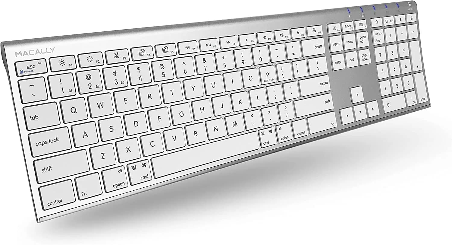 Macally ACEBTKEY Multi-Device Bluetooth Keyboard with Numeric Keypad - 110 Keys, 20 Shortcuts, Rechargeable, White — Aluminum Silver