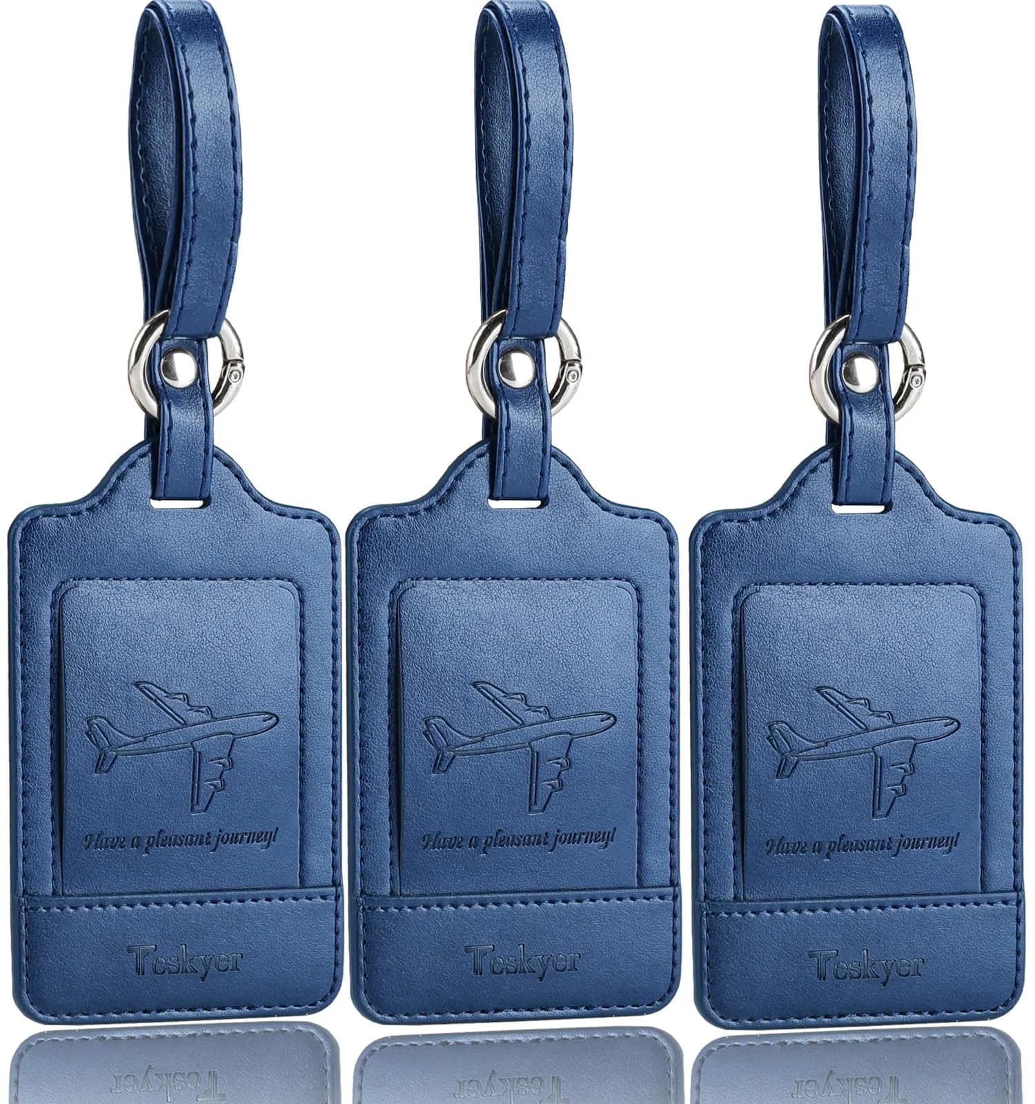 Teskyer Leather Luggage Tags for Suitcases, 3 Pack, Blue | Quick-Attach Spring Ring, Privacy Flap Design - main product image
