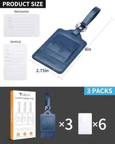 Teskyer Leather Luggage Tags for Suitcases, 3 Pack, Blue | Quick-Attach Spring Ring, Privacy Flap Design thumbnail 6
