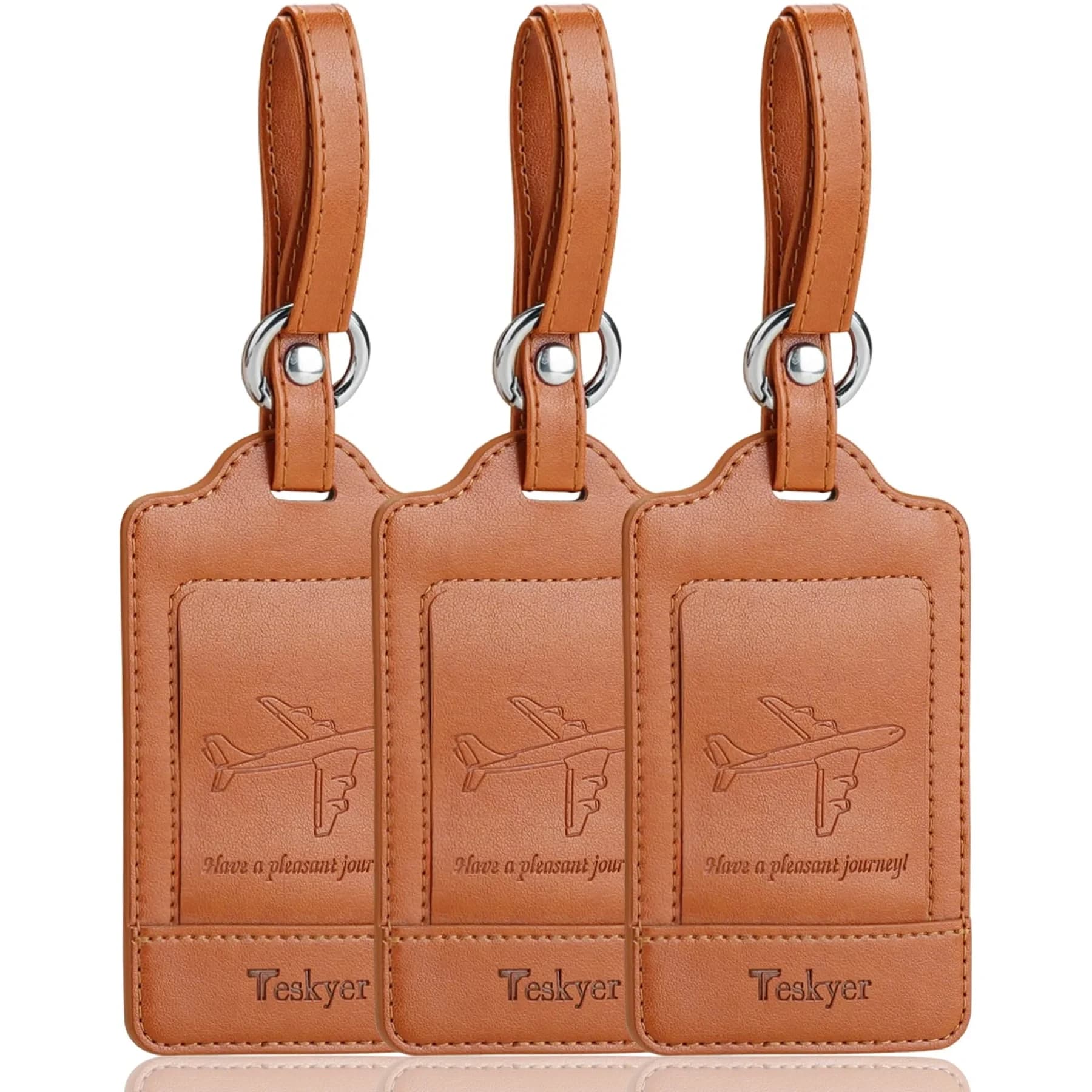 Teskyer Leather Luggage Tags for Suitcases, 3 Pack, Blue | Quick-Attach Spring Ring, Privacy Flap Design — Brown