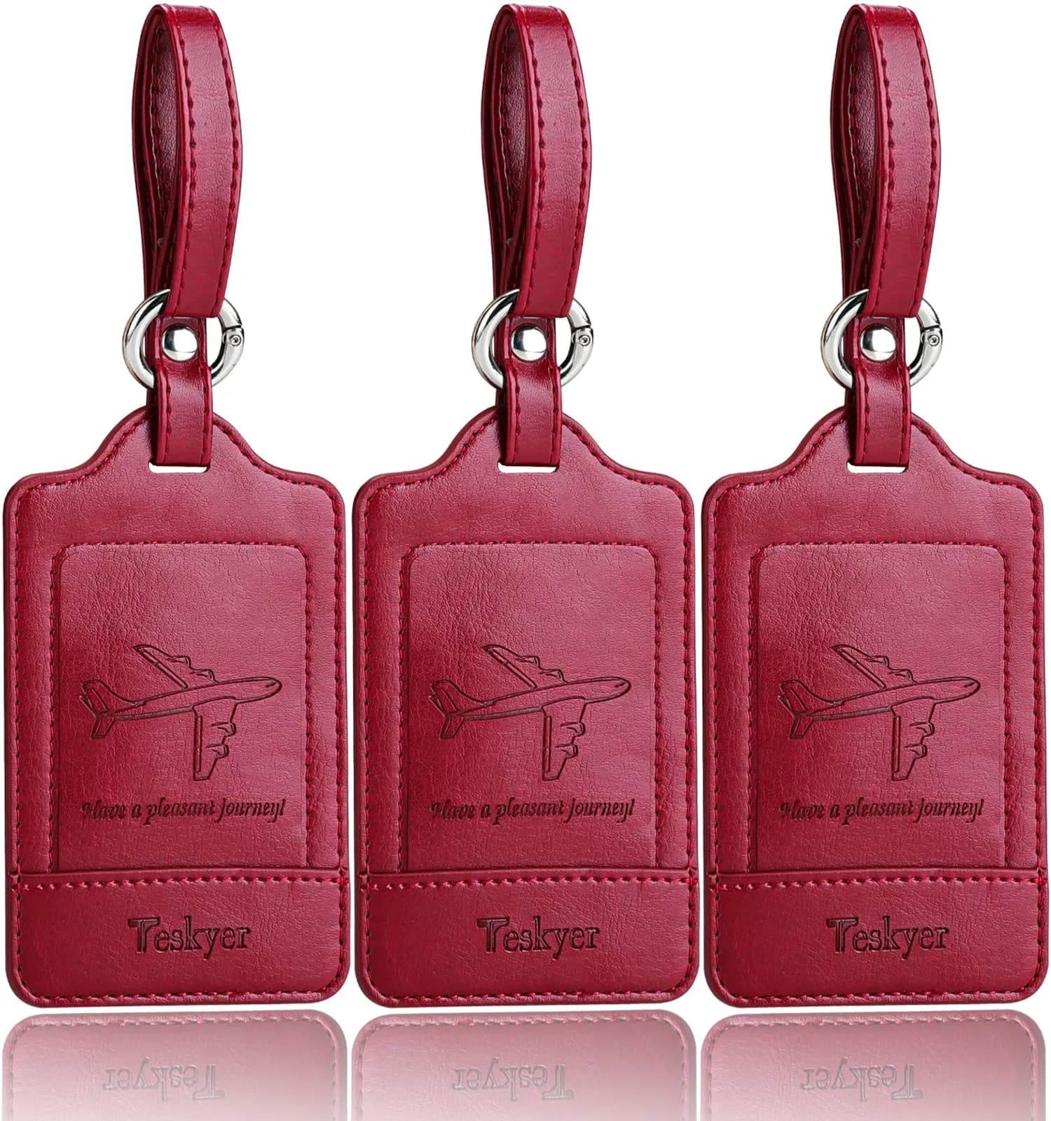 Teskyer Leather Luggage Tags for Suitcases, 3 Pack, Blue | Quick-Attach Spring Ring, Privacy Flap Design — Wine Red