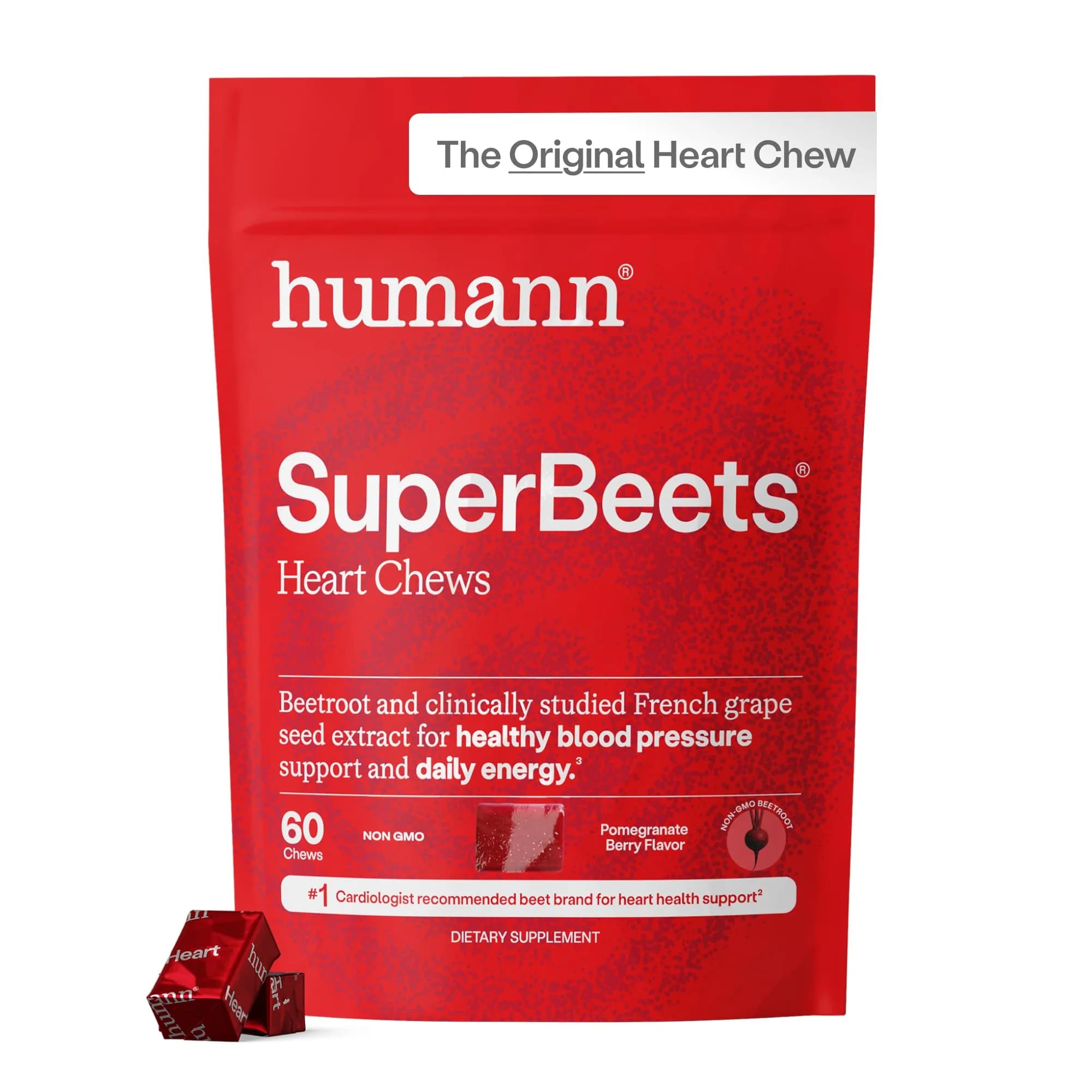 HumanN SuperBeets Heart Chews Pomegranate Berry 60 Ct | Clinically Studied Grape Seed Extract for Blood Pressure Support