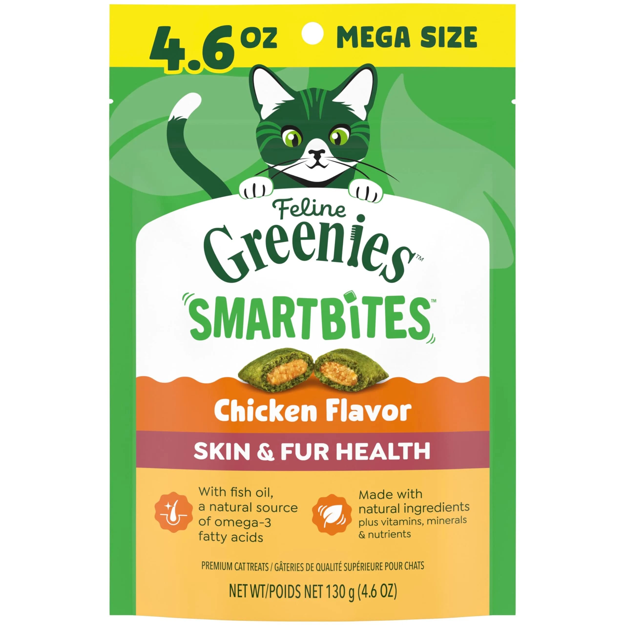 Greenies Feline Smartbites Skin & Fur Health Cat Treats, Chicken, 4.6 oz (130 g) | Vet-Designed with Omega-3s for Healthy Skin