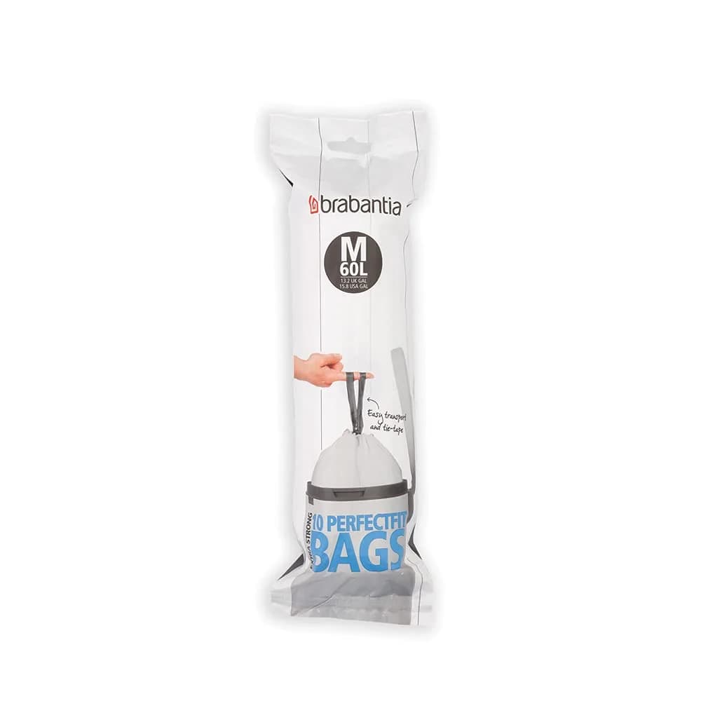 Brabantia PerfectFit Trash Bags Size M 60L (16 Gallon) | Tear-Resistant Plastic Bin Liners with Tie Tape Drawstring Handles (10 Bags) - main product image