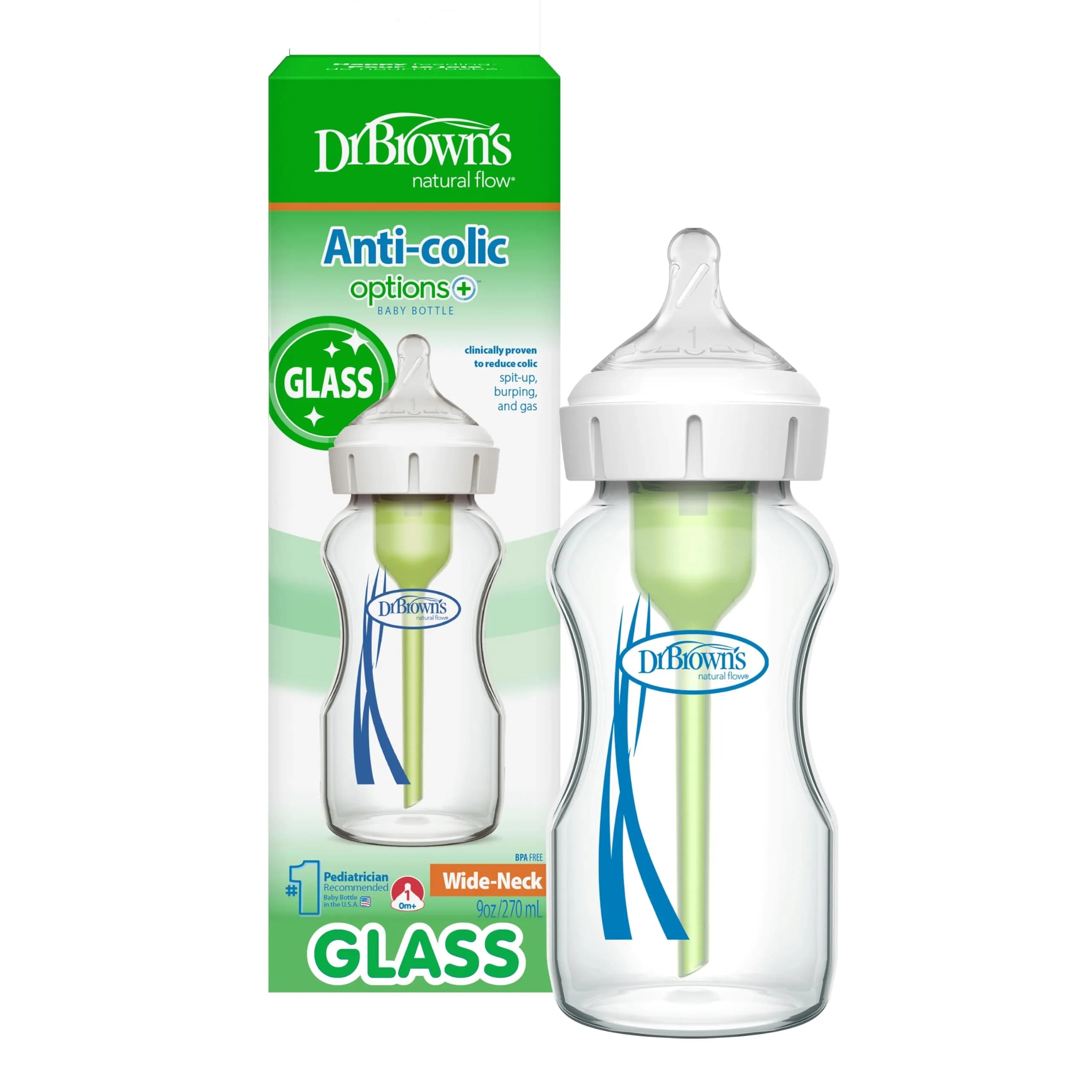 Dr. Brown's Natural Flow Anti-Colic Options+ Wide-Neck Glass Baby Bottle 270ml (9 oz) with Level 1 Slow Flow Nipple | Clinically Proven to Reduce Colic - main product image