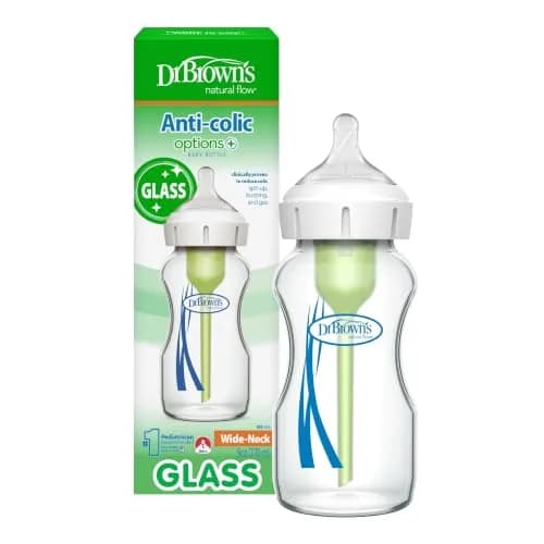 Dr. Brown's Natural Flow Anti-Colic Options+ Wide-Neck Glass Baby Bottle 270ml (9 oz) with Level 1 Slow Flow Nipple | Clinically Proven to Reduce Colic thumbnail 1