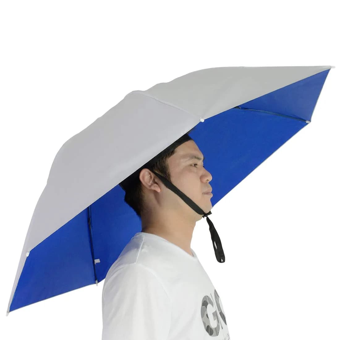 NEW-Vi 95 cm (37.4") Double Layer Folding Compact UV Wind Protection Umbrella Hat | Hands-Free for Fishing & Gardening — Silver/Blue (Single Layer)