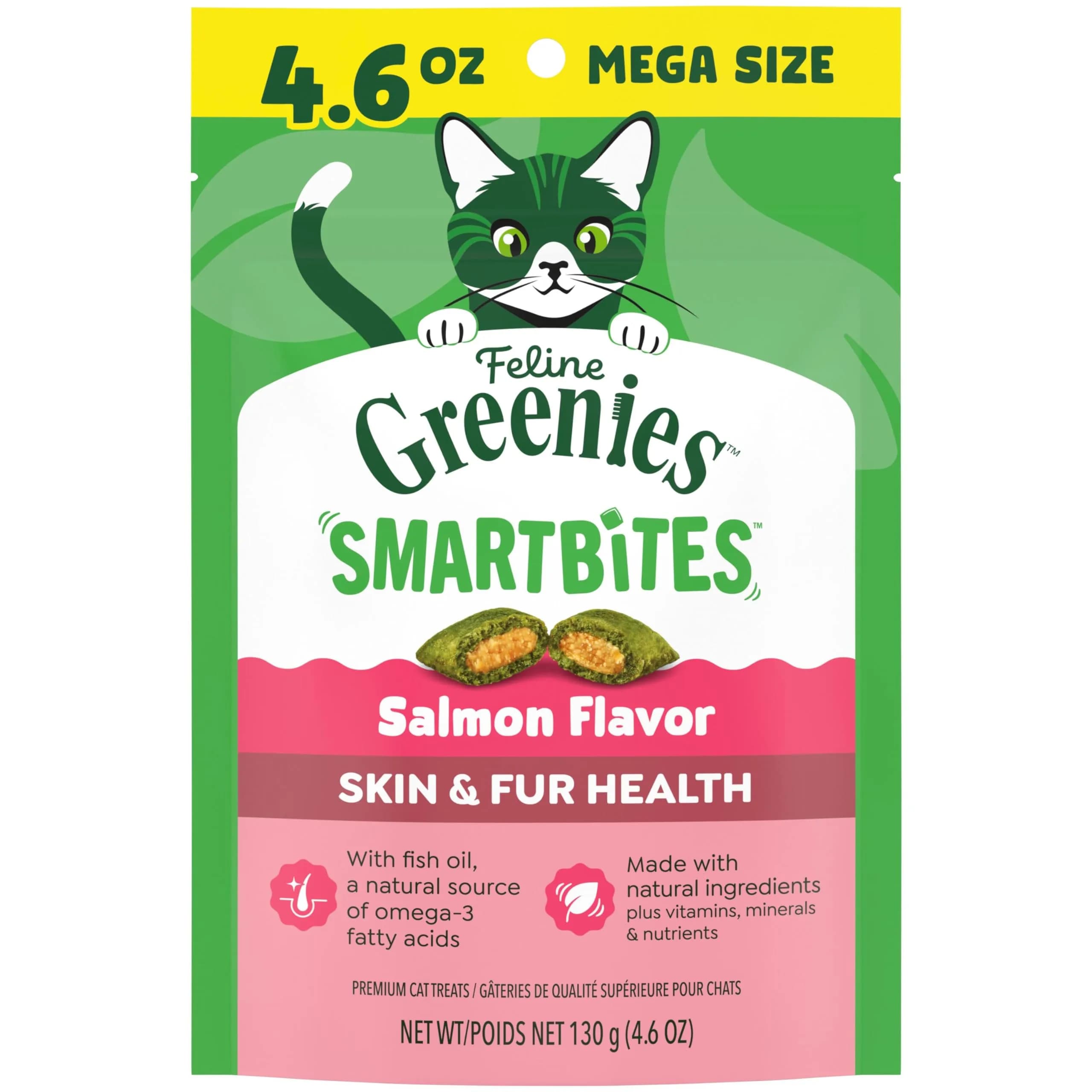 Greenies Feline Smartbites Skin & Fur Treats Salmon 4.6 oz | Omega-3 Support for Healthy Skin & Fur - main product image