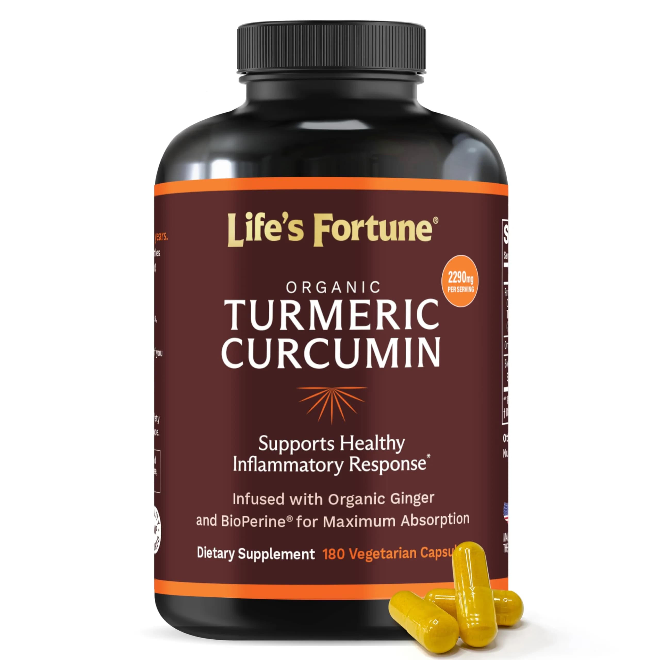 Life's Fortune Organic Turmeric Curcumin with Black Pepper and Ginger | Extra Strength Supplement for Joint & Immune Support, 180 Cap - 2250mg - main product image