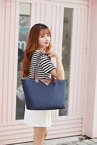 BOJLY Women Tote Bag, Stylish Waterproof Nylon Ladies Shoulder Bag, Folding Beach Travel Bag for Work, Shopping, Black Large (31 x 28.5 x 18.5 cm / 12.2 x 11.2 x 7.28 in) thumbnail 6