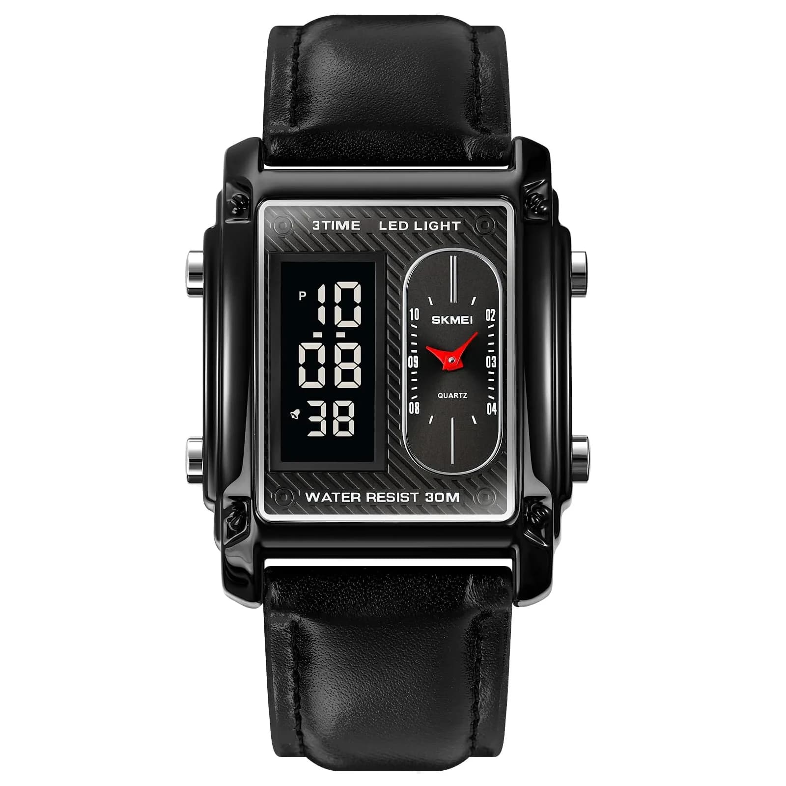 FANMIS Men's Rectangle Analog Digital Sports Watch 34mm Black | Dual Time Zone LED Backlight — S Leather