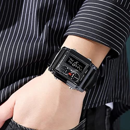FANMIS Men's Rectangle Analog Digital Sports Watch 38mm Black Leather | Dual Time Alarm Stopwatch thumbnail 3