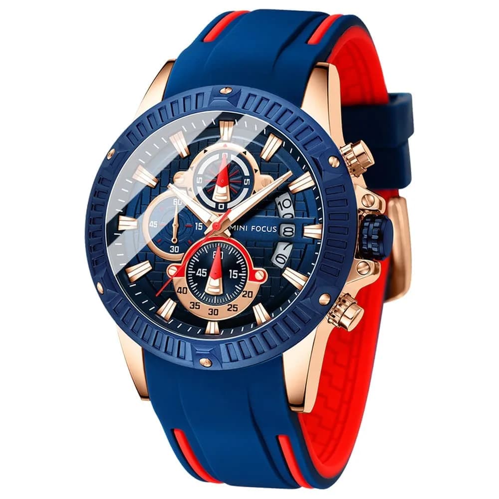 MF MINI FOCUS Men's Chronograph Watch 46mm (1.81 in) | Sport Analog Quartz with Silicone Strap — G-blue