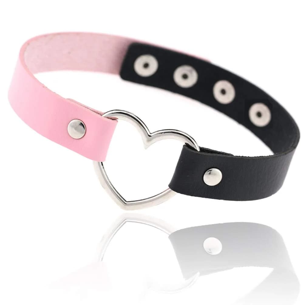 ETHOON Love Heart PU Leather Choker Necklace Collar Chain Black | Adjustable Snap Closure — Heart-BlackPink-Regular