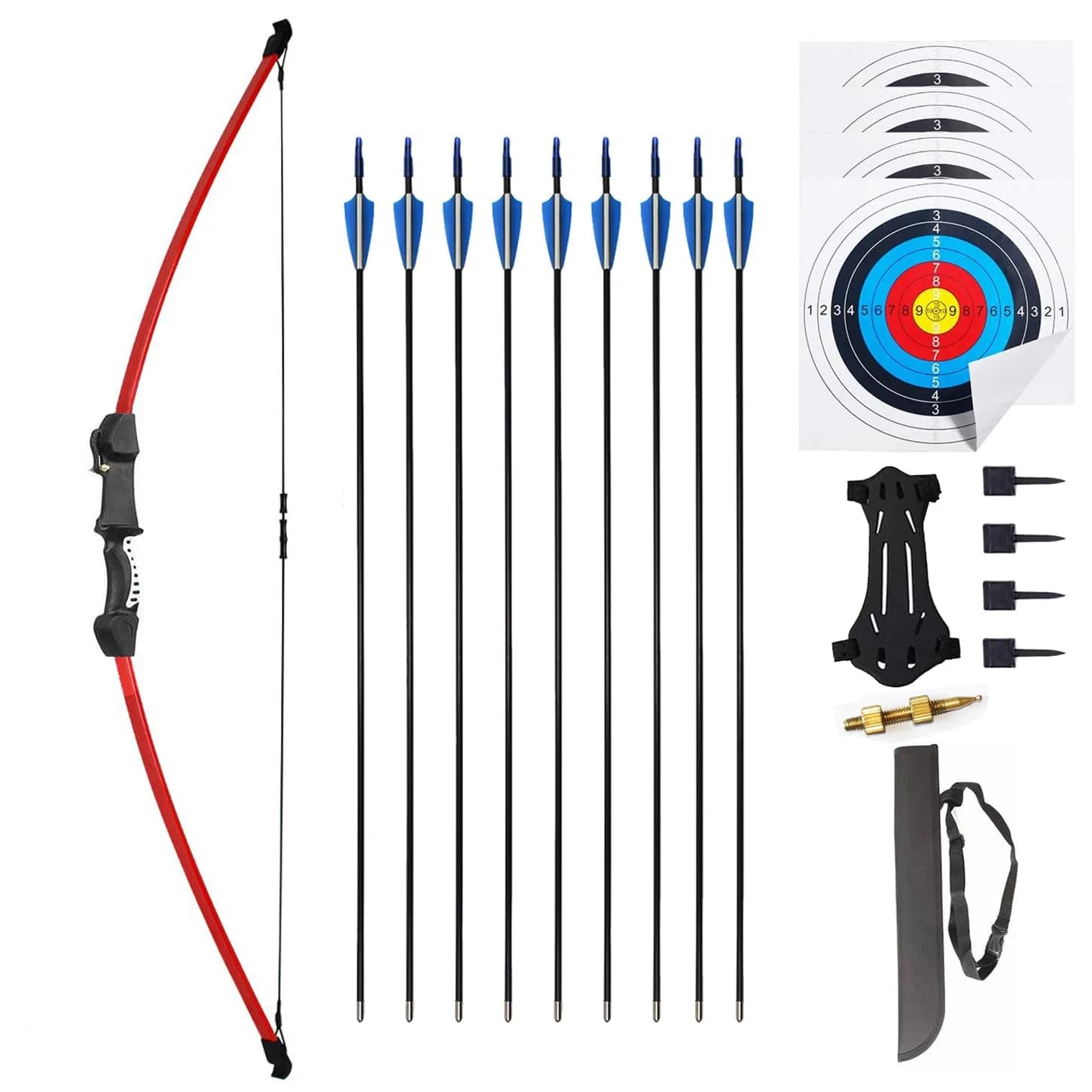 Mxessua 45" Youth Bow and Arrows Set Black | Beginner Recurve Archery Kit with 9 Arrows, Arm Guard, Quiver, Target Faces — Red