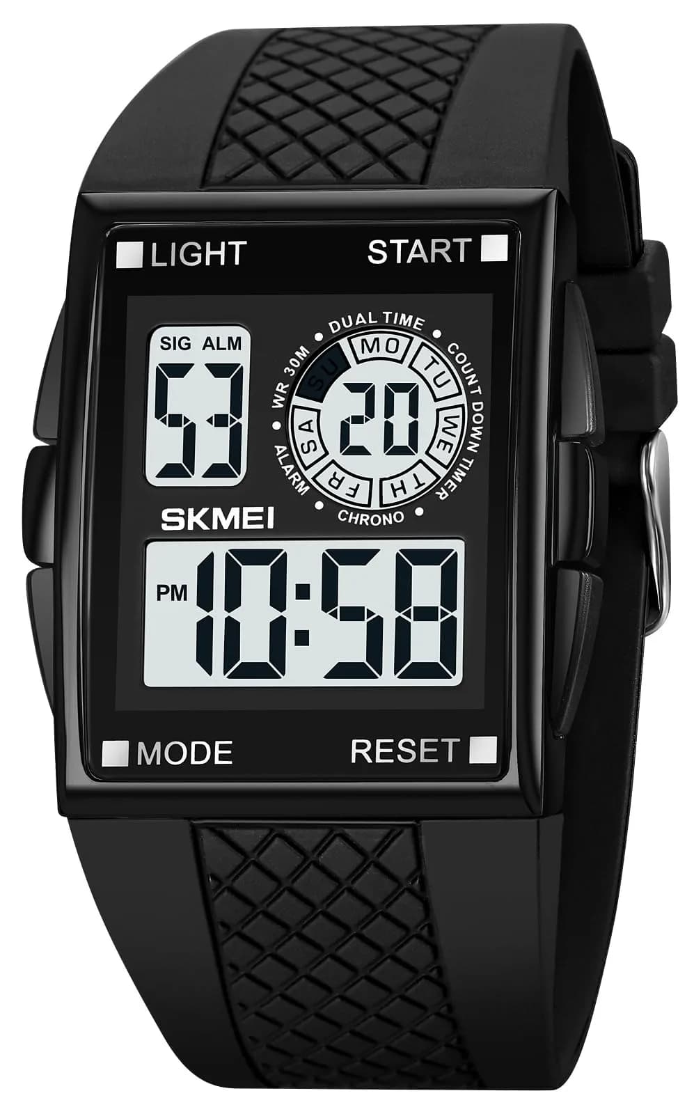 FANMIS Rectangle Dial Sports Watch with 7-Color LED Backlight & Dual Time Zones | 38mm Case, Rubber Strap — P Black