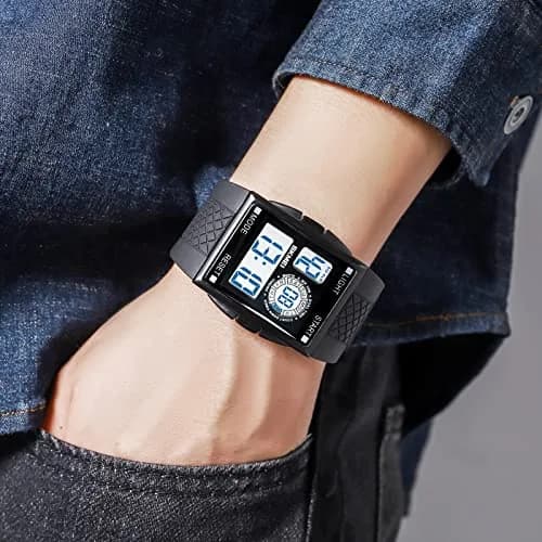 FANMIS Rectangle Dial Sports Watch with 7-Color LED Backlight & Dual Time Zones | 38mm Case, Rubber Strap thumbnail 2