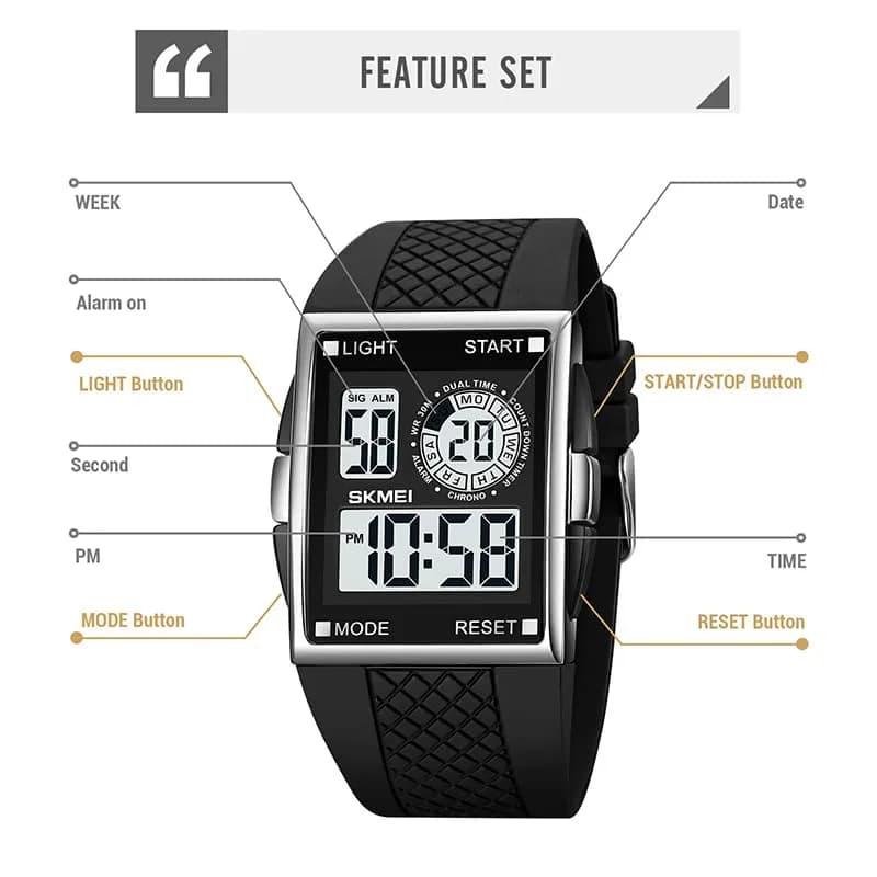 FANMIS Men's Rectangle Analog Digital Sports Watch 34mm Black | Dual Time Zone LED Backlight thumbnail 8