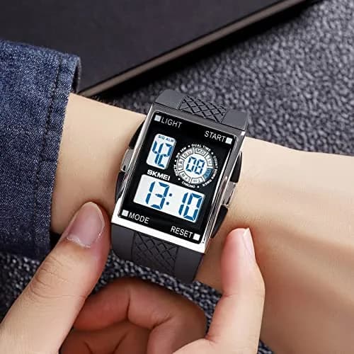 FANMIS Men's Rectangle Analog Digital Sports Watch 34mm Black | Dual Time Zone LED Backlight thumbnail 3