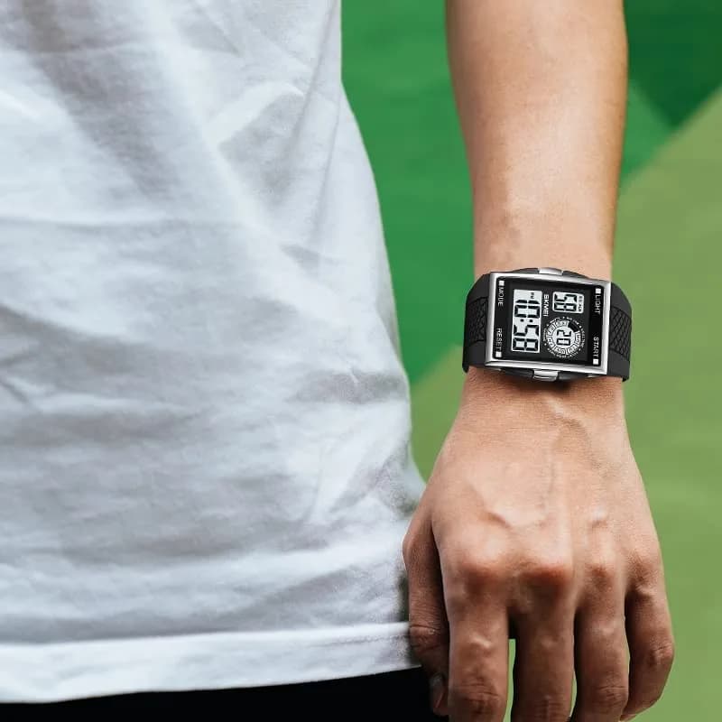 FANMIS Men's Rectangle Analog Digital Sports Watch 34mm Black | Dual Time Zone LED Backlight thumbnail 4