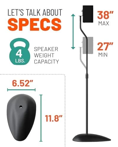 ECHOGEAR Universal Speaker Stands Pair - Height Adjustable 11" (28cm) - Steel Construction - Black thumbnail 7
