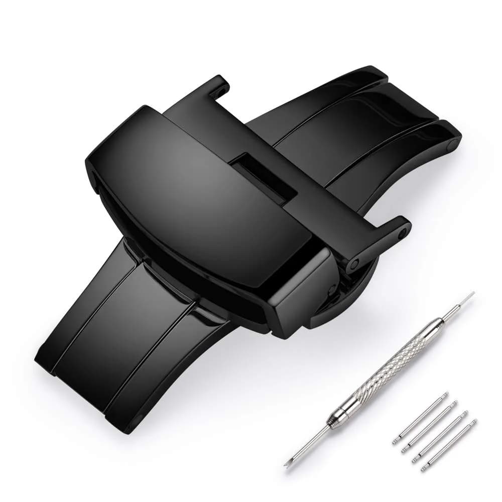 TEXNEWS Stainless Steel Deployment Clasp Watch Band Buckle 14mm-22mm | Silver/Gold/Black/Rose Gold — Glossy Black / 22mm
