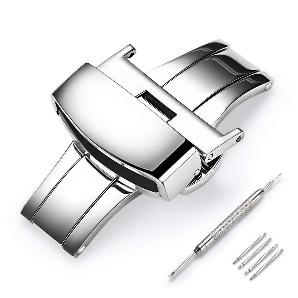 TEXNEWS Stainless Steel Deployment Clasp for Leather Watch Bands 18mm (0.71 in) | Polished Silver Buckle for Men - main product image