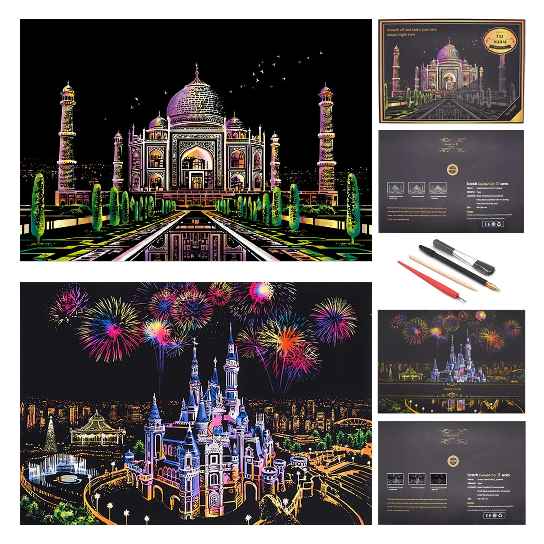 BOTEEN Scratch Rainbow Painting Art Paper Amusement Park 40.5cm x 28.5cm (16''x11'') | Creative DIY Gifts & Arts Craft Kits — Taj Mahal/Dreanm Castle