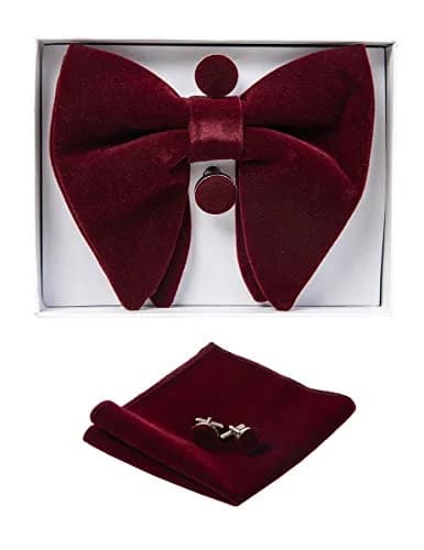 GUSLESON Velvet Bow Tie and Pocket Square Set | Burgundy Wedding Accessory thumbnail 2