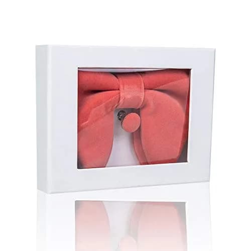 GUSLESON Coral Pink Velvet Bow Tie Set with Pocket Square & Cufflinks | Pre-tied Adjustable thumbnail 4